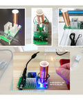 Mini 15W Tesla Coil Kit For DIY Electronics showing assembled coil, components, and electric arcs.