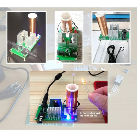 Mini 15W Tesla Coil Kit For DIY Electronics showing assembled coil, components, and electric arcs.
