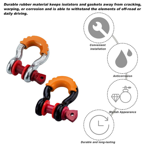 Premium Rubber D Ring Shackle Isolators With Washers Fits Standard Three Quarter Inch Shackles Off Road Truck Gear in bright orange.
