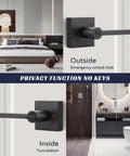 Matte Black Lever Door Handles Set 6 Pack Heavy Duty Privacy Lock For Interior Doors showing inside and outside views