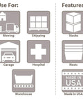 Infographic showing uses and features of Heavy Duty Industrial Plastic Stackable Tote With Hinged Attached Lid In Green For Shipping
