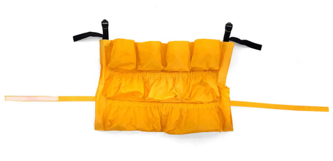 Yellow Janitorial Trash Can Caddy Bag Fits 32 To 48 Gallon Cans With 12 Pockets for storage, shown flat with adjustable straps.