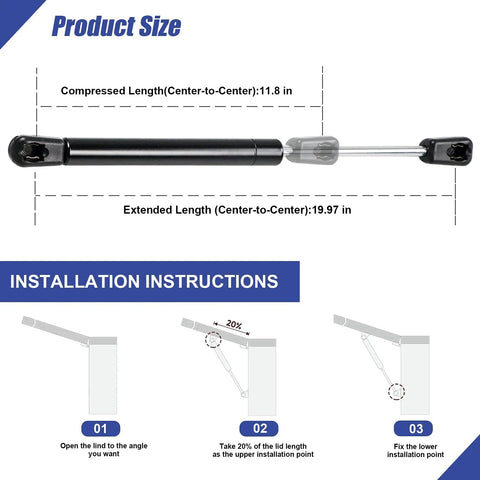 Diagram showing Pair Of 20 Inch 40 Lb 178N Lift Support Struts with installation instructions and dimensions.