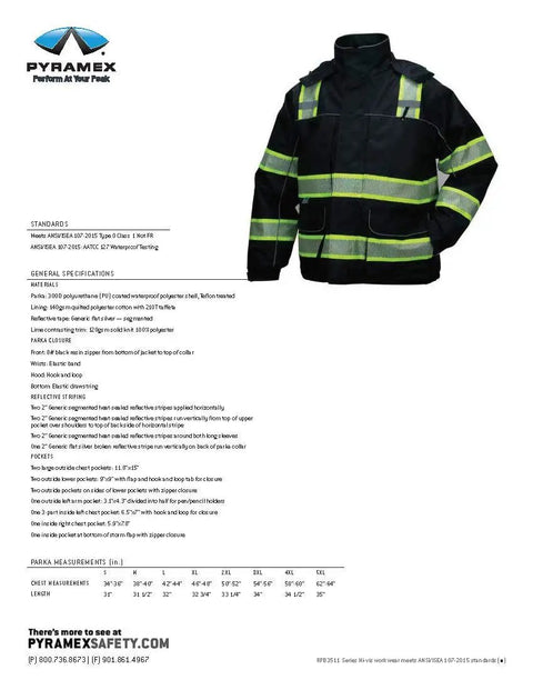 RPB35 Series Teflon Coated Waterproof Black Parka With Quilted Lining, ANSI Type O Class 1 Ripstop Shell, Reflective Strips, Hood