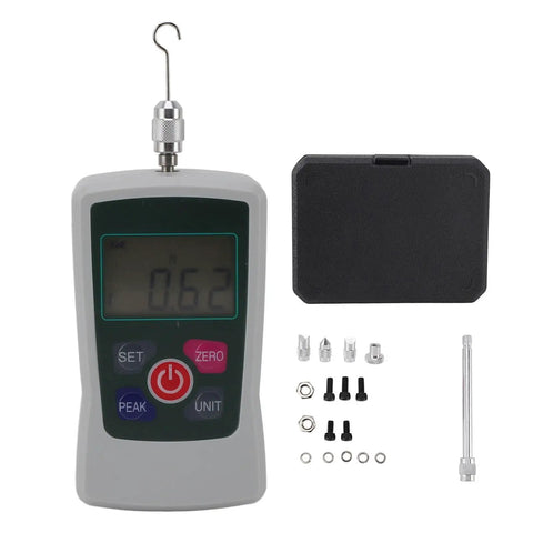 Portable Digital Force Gauge For Push And Pull Testing 1N To 10N With Built In Sensor Lightweight And Versatile Tool For Material Testing And Quality Control In Lab Or On Site, front view with hook and accessories