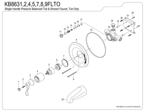 Exploded view of Royale Single Handle Pressure Balanced Tub Faucet In Oil Rubbed Bronze With Wall Mount illustrating components.