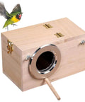Paulownia Wood Nesting Box For Pet Birds Super Cozy Insulated Breeding Home with a small entry hole and hinged lid.