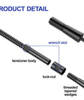 Swageless Lag Screws Left And Right Set For Wood Posts Black One Eighth Inch 20 Pack T316 Stainless Steel Cable Railing Kit showing tensioner body, lock-nut, and threaded wedges.