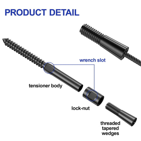 Swageless Lag Screws Left And Right Set For Wood Posts Black One Eighth Inch 20 Pack T316 Stainless Steel Cable Railing Kit showing tensioner body, lock-nut, and threaded wedges.