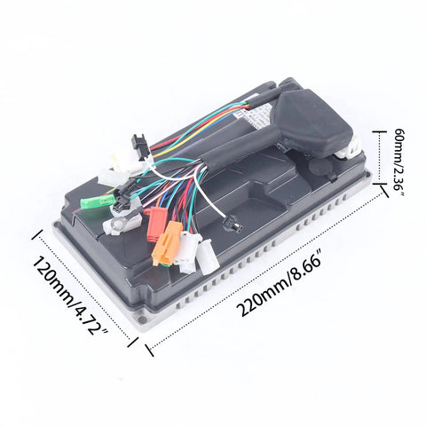 Premium 3000W Sine Wave Controller For Electric Bikes 60V To 72V Brushless Motor Upgrade with dimensions and wiring.