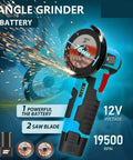 Tough As Nails Mini Angle Grinder 12V Cordless Rechargeable Power Tool For Grinding And Polishing with saw blades and sparks.