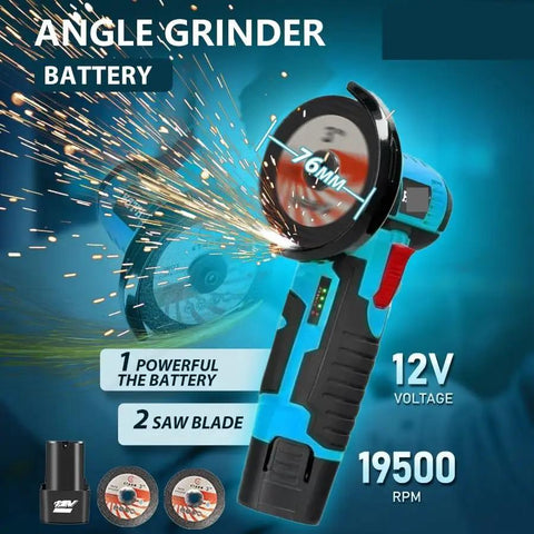 Tough As Nails Mini Angle Grinder 12V Cordless Rechargeable Power Tool For Grinding And Polishing with saw blades and sparks.