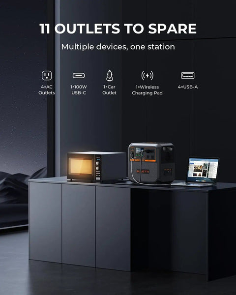 Portable Solar Generator Kit With 350W Panel, 1440Wh Power Station, 11 outlets shown with microwave and laptop on cabinet.