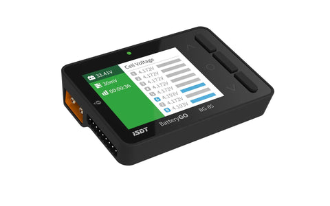 Close-up of Smart Battery Checker ICC2010 for RC Folks with digital display and XT60i port, measuring cell voltages and details.