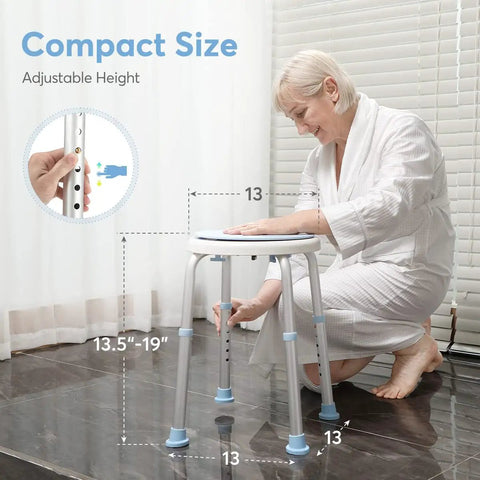 Woman adjusting 360 Degree Rotating Shower Chair With Easy Tool Free Setup Adjustable Tub Stool And Bathtub Seat Bench