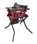 Built Tough 15 Amp 8 1/4 Inch Compact Table Saw With Quick Release Folding Stand, sturdy red metal design, ideal for job site work.