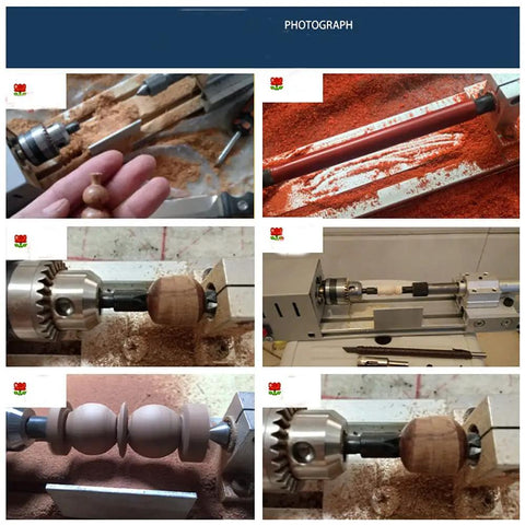 Mini Wood Lathe Machine For DIY Home Workshop showing bead polishing and woodturning on aluminum alloy base, silver finish.