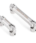 2 Pack Steel CVD Driveshafts For 1 To 18 TRX4 M K10 F150 RC Crawler Upgrades Silver Beefy Heavy Duty Connection For Smooth Power Transfer And Precision Fit Ideal RC Crawler Upgrade For Stability And Durability. Steel RC crawler driveshafts, 62mm and 87mm, shown in silver.