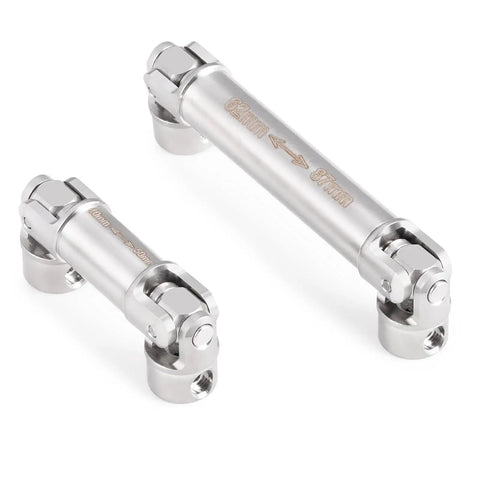 2 Pack Steel CVD Driveshafts For 1 To 18 TRX4 M K10 F150 RC Crawler Upgrades Silver Beefy Heavy Duty Connection For Smooth Power Transfer And Precision Fit Ideal RC Crawler Upgrade For Stability And Durability. Steel RC crawler driveshafts, 62mm and 87mm, shown in silver.