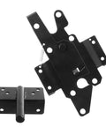 Tough As Nails Self Locking Gate Latch Built From Durable Stainless Steel For Bulletproof Fence Security And Instant Yard Gate Catch Hardware. Black latch components with mounting holes and spring.