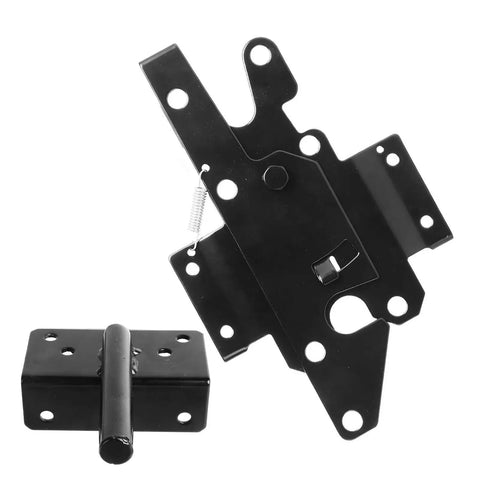 Tough As Nails Self Locking Gate Latch Built From Durable Stainless Steel For Bulletproof Fence Security And Instant Yard Gate Catch Hardware. Black latch components with mounting holes and spring.