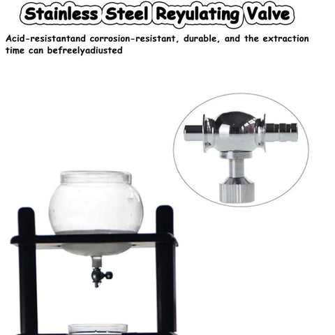 Kickstart Your Morning Routine With This Hella Smooth Cold Brew Coffee Tower Featuring A Slow Drip Ice Coffee Brewer With Adjustable Flow Control And Spacious Glass Container Pouring Five To Eight Cups Of Top Tier Chilled Java For Daily Office Use - Stainless steel regulating valve on cold brew coffee tower