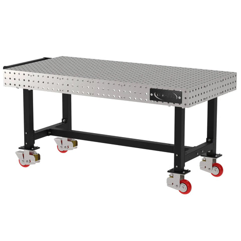Boss Grade Heavy Duty Welding Fixture Table With Precision Laser Cut Hole Grid And Sweet Rolling Non Marking Casters 72 By 36 By 36 Inch mobile shop bench with metal surface and wheels.