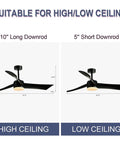 52 Inch Dimmable LED Ceiling Fan With Remote Control, 3 Curved Blades, Black Finish, Adjustable Downrods for High/Low Ceilings
