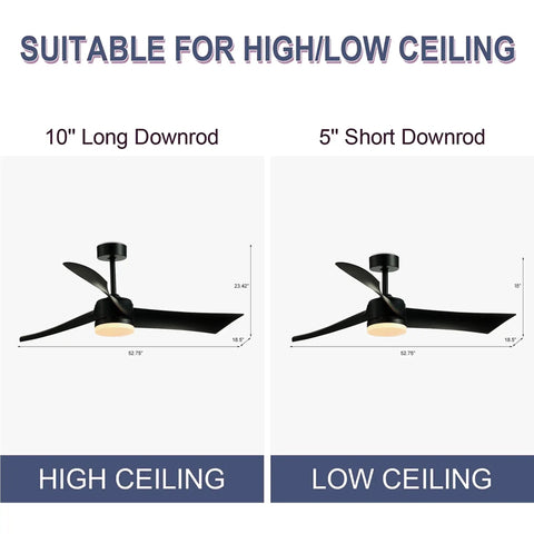 52 Inch Dimmable LED Ceiling Fan With Remote Control, 3 Curved Blades, Black Finish, Adjustable Downrods for High/Low Ceilings