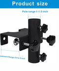 Adjustable Outdoor Umbrella Clamp Holder That Clips On Rails Benches Decks And More Universal Umbrella Clamp Mount Fits 0.8 To 2.7 Inch Railings Fences Balconies Tailgates Boats And Patio Spaces, showing adjustment range and steel construction