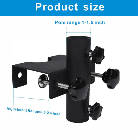 Adjustable Outdoor Umbrella Clamp Holder That Clips On Rails Benches Decks And More Universal Umbrella Clamp Mount Fits 0.8 To 2.7 Inch Railings Fences Balconies Tailgates Boats And Patio Spaces, showing adjustment range and steel construction
