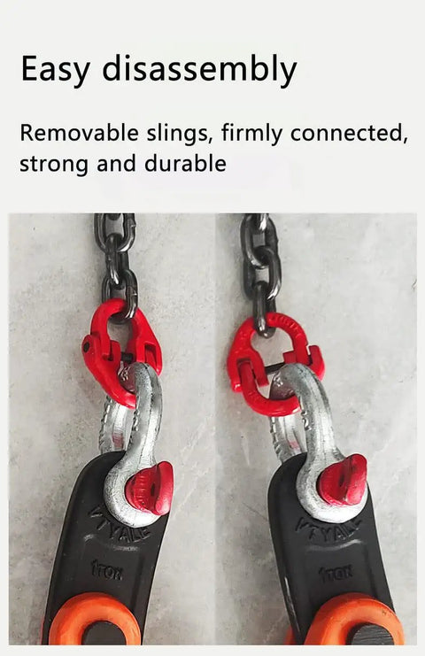 Close-up of Horizontal Plate Lifting Clamp 0.8 Ton Built Tough With High Strength Manganese Steel Chain attached to slings