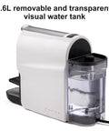 Side view of a Home Espresso Pod Machine For NS Original Pods, 0.6L removable water tank, compact white design.