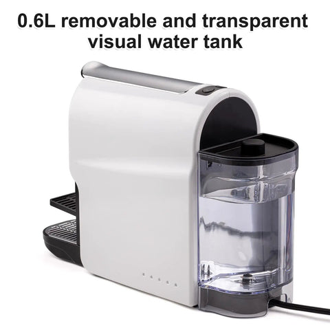Side view of a Home Espresso Pod Machine For NS Original Pods, 0.6L removable water tank, compact white design.