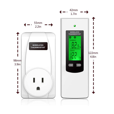 Smart Programmable Wireless Plug In Thermostat Outlet With Built In Temperature Sensor And Remote Control Real Time Temperature Detection Hassle Free Setup For Consistent Comfort Energy Saving White with size dimensions shown