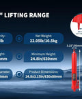 Front/side views of two red 8-ton long-ram hydraulic jacks with clevis bases; lifting range 24.8–43.7 in.