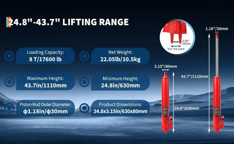 Front/side views of two red 8-ton long-ram hydraulic jacks with clevis bases; lifting range 24.8–43.7 in.