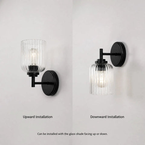 AOIOUR 10.4" 1‑Light Farmhouse Vanity Wall Sconce, Ribbed Glass Matte Black, shown in upward and downward installation.