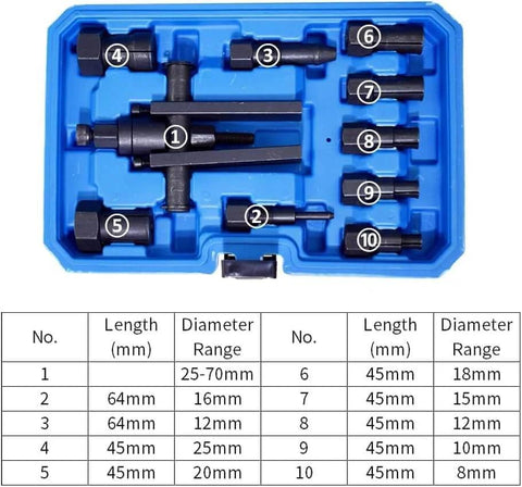 Pro-Grade Motorcycle Blind Bearing Extractor Puller Kit 8-25mm, 10-Piece Inner Bearing Removal Set in blue case