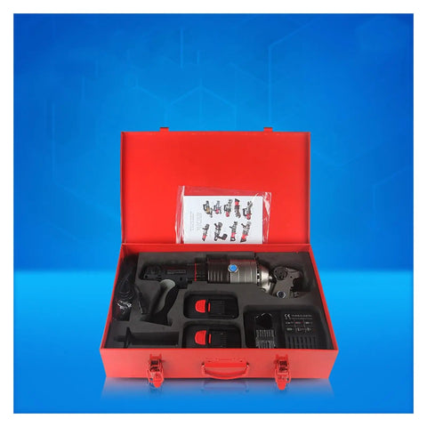 Heavy Duty Electric Hydraulic Steel Bar Cutter And Rechargeable Power Rig For Snapping Iron Rods And Metal Profiles Featuring Hella Fast Cuts And No Sweat Operation in red case with accessories.