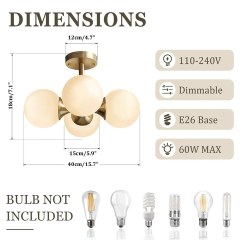 Dimensions and specs of Antique Brass 4 Light Ceiling Light With Frosted Glass Globes, Mid Century Modern Chandelier, Semi Flush Mount Fixture For Bedroom And Living Room, Vintage Style Illumination For That Cozy Vibe In Your Space; bulbs not included.