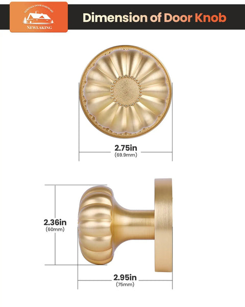 Dimensions of Satin Brass Dummy Door Knobs For Closet And Pantry, Vintage Non Turning Inactive Interior Door Handles, 2 Pack