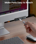 Clamp On USB Hub With External Power Sleek Aluminum 4 Port USB 3.0 Adapter With Three USB A Data Ports And A USB C Port For Monitors Desk Setup Built To Handle Power Hungry Peripherals Black installed on monitor