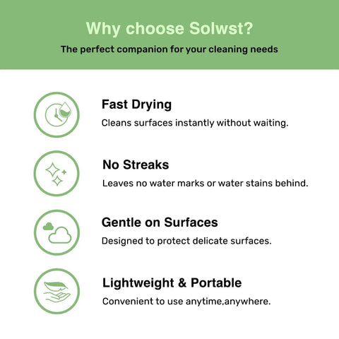 Solwst Optix lens cleaning wipes infographic highlighting fast-drying, no-streak, and gentle-on-surfaces features.