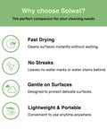 SOLWST Optix lens cleaning wipes infographic; green icons illustrate fast drying, no streaks, gentle on surfaces.