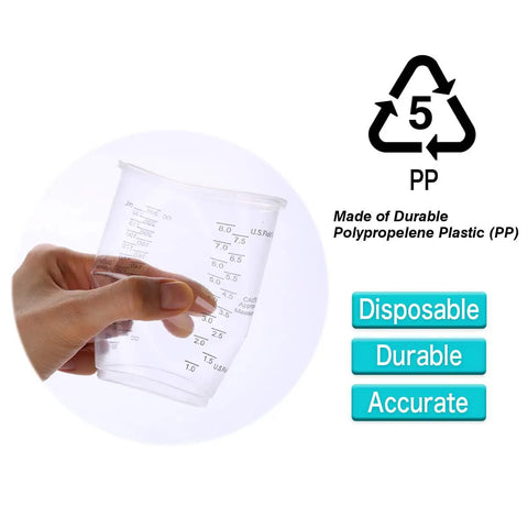 Hand holding one of the 100 Pack 8oz Graduated Clear Plastic Measuring Cups With Wooden Stirring Sticks For Mixing Paints Pigments Epoxy Resins And Other Materials A Durable Reusable DIY Kit For Precise Easy Read Measurements, showing durable polypropylene labeled as disposable, durable, accurate.