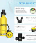 Details of 1L Mini Scuba Tank With High Pressure Hand Pump For Emergency Underwater Breathing, bright yellow with features listed.