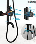 Top Shelf 304 Stainless Steel Outdoor Shower Kit With 8 Inch Rainfall Head And Handheld Sprayer In Slick Matte Black Finish, control features and spout details.