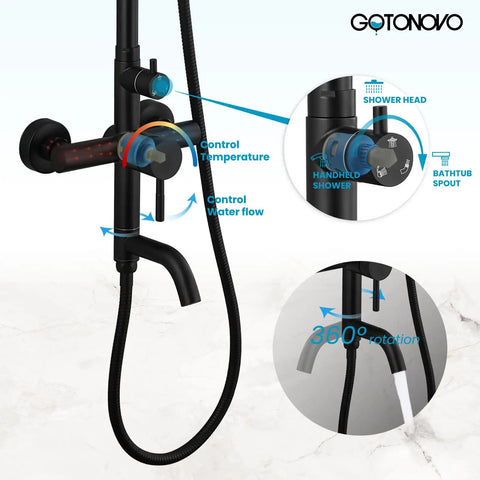 Top Shelf 304 Stainless Steel Outdoor Shower Kit With 8 Inch Rainfall Head And Handheld Sprayer In Slick Matte Black Finish, control features and spout details.