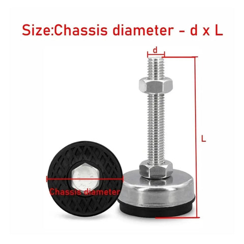 Top Shelf 304 Stainless Steel Furniture Feet With Non Slip Rubber Pads Adjustable M6 To M20 Levelers 180mm side view with size details